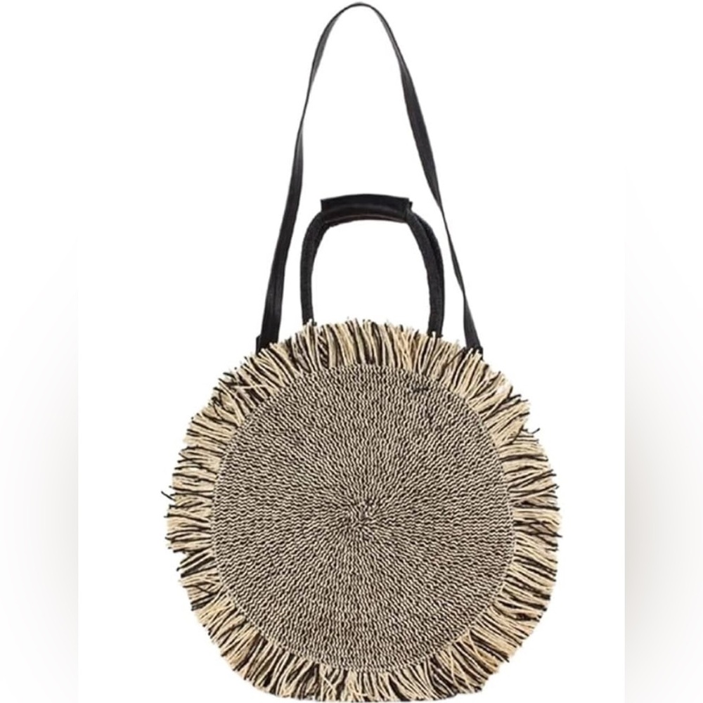 Round Straw Tote Bag - Black and Tan